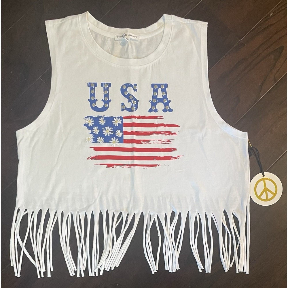 Love Peace & Lazy Days USA Tank Top Women XL White Fringe Crop Memorial Day NWT